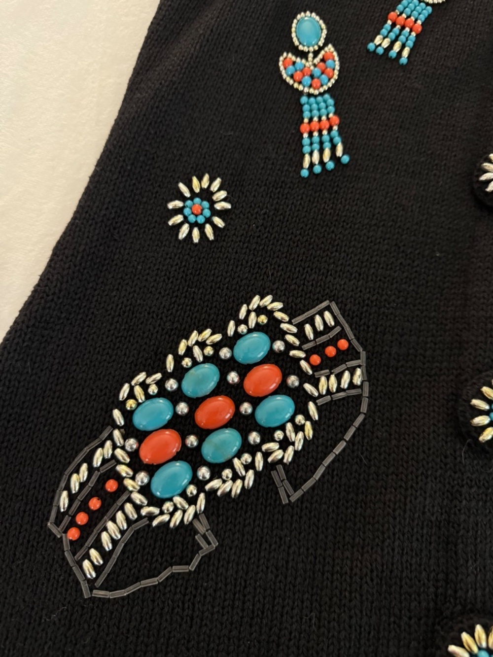 Victoria Jones Beaded Southwestern Sweater Vest Tunic Black Medium Boho Western - Picture 9 of 16
